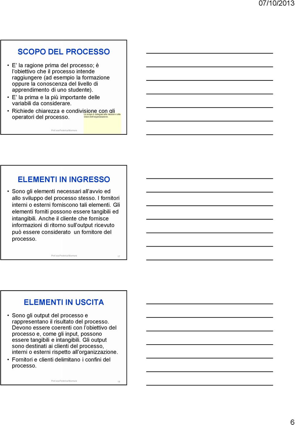 Lo scopo è collegato alla mission e alla 16 ELEMENTI IN INGRESSO Sono gli elementi necessari all avvio ed allo sviluppo del processo stesso. I fornitori interni o esterni forniscono tali elementi.