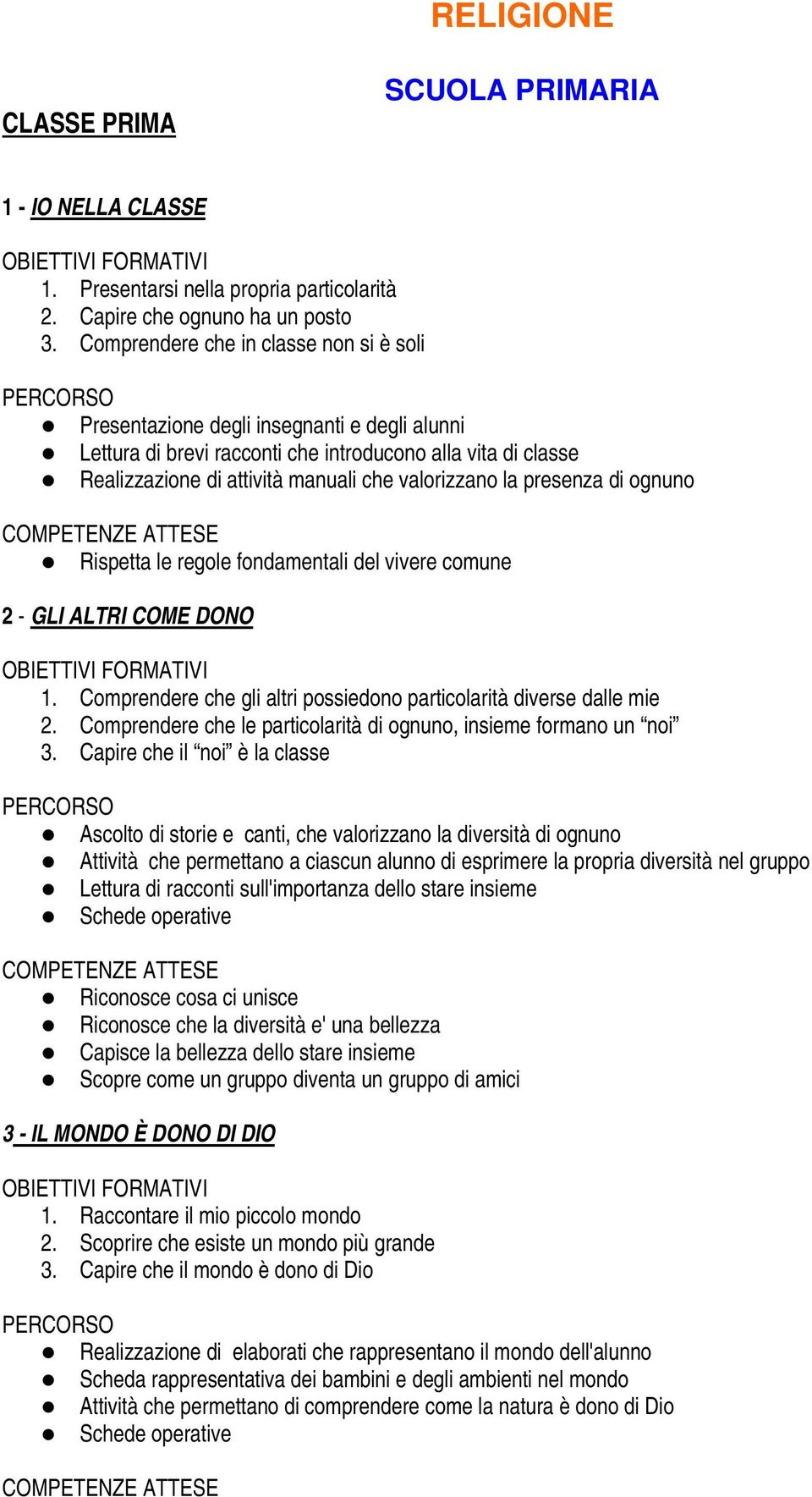 la presenza di ognuno Rispetta le regole fondamentali del vivere comune 2 - GLI ALTRI COME DONO 1. Comprendere che gli altri possiedono particolarità diverse dalle mie 2.