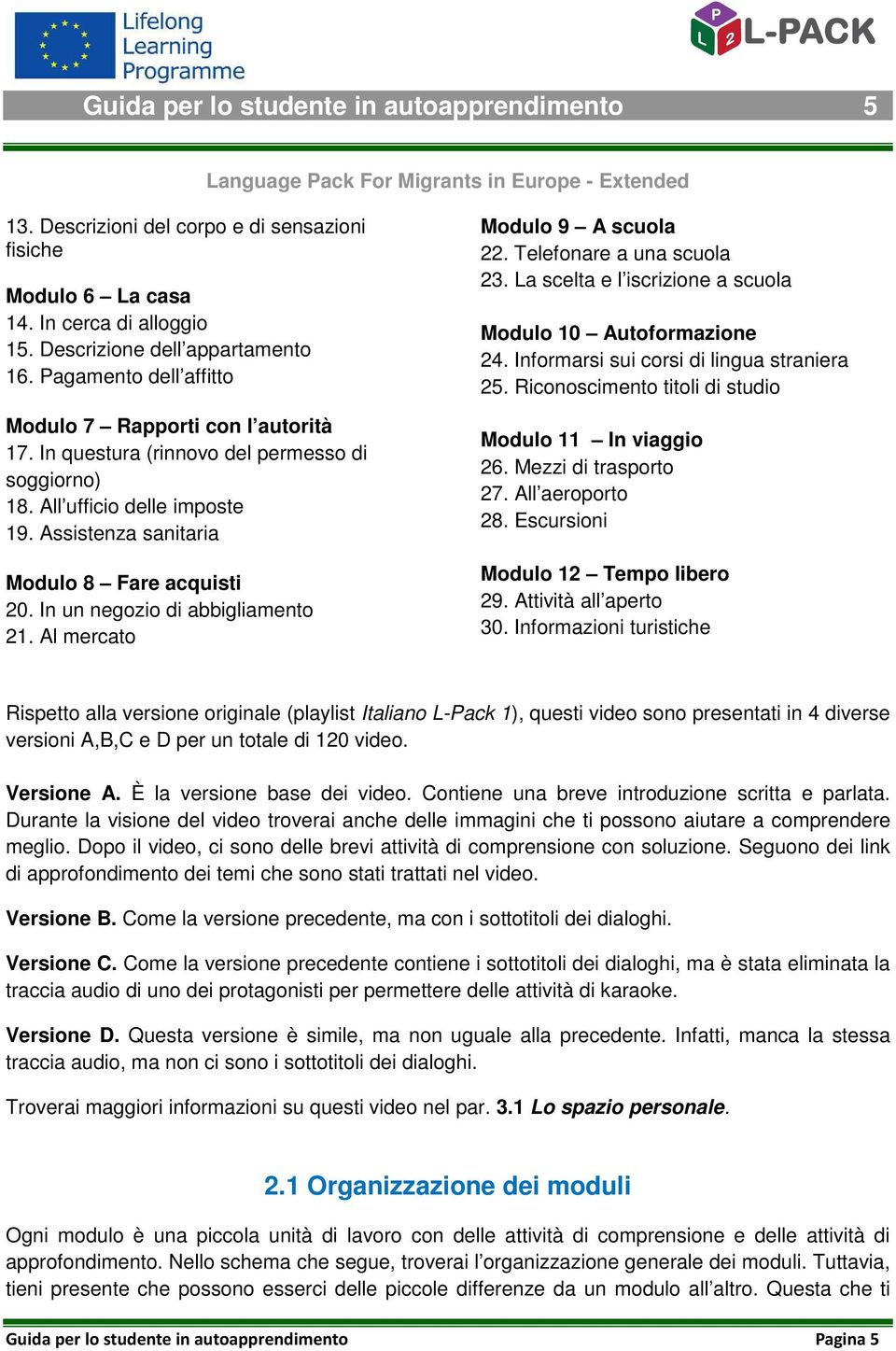 In un negozio di abbigliamento 21. Al mercato Modulo 9 A scuola 22. Telefonare a una scuola 23. La scelta e l iscrizione a scuola Modulo 10 Autoformazione 24.