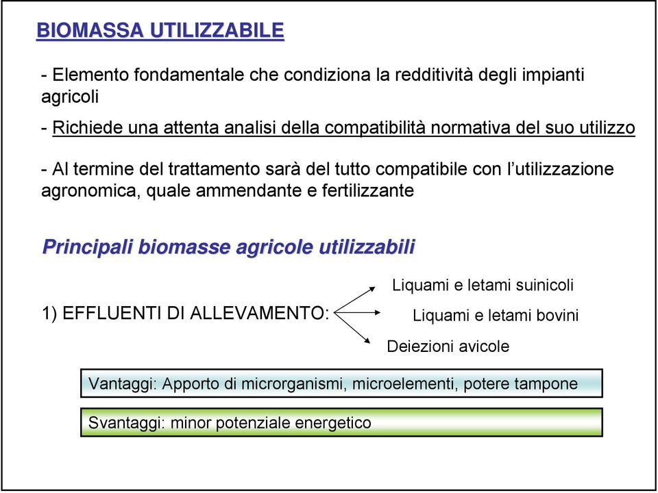 quale ammendante e fertilizzante Principali biomasse agricole utilizzabili 1) EFFLUENTI DI ALLEVAMENTO: Liquami e letami suinicoli