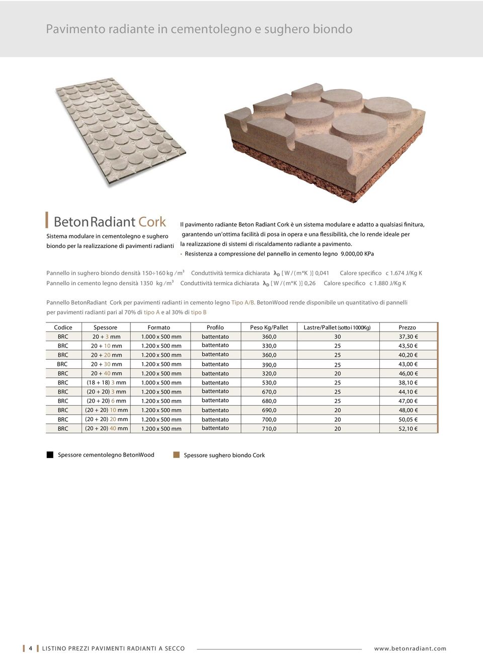 dichiarata λ D [ W / ( m*k )] 0,26 Calore specifico c 1.674 J/Kg K Calore specifico c 1.880 J/Kg K Pannello BetonRadiant Cork per pavimenti radianti in cemento legno Tipo A/B.