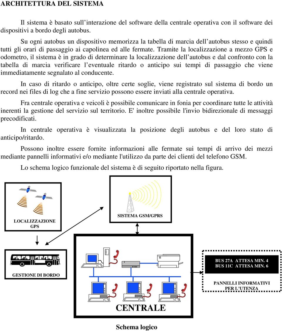 Tramite la localizzazione a mezzo GPS e odometro, il sistema è in grado di determinare la localizzazione dell autobus e dal confronto con la tabella di marcia verificare l eventuale ritardo o