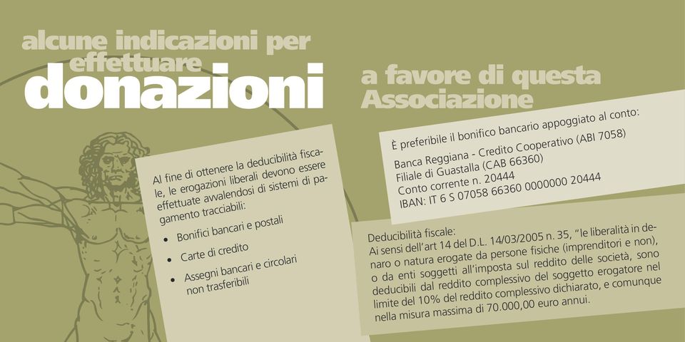 Cooperativo (ABI 7058) Filiale di Guastalla (CAB 66360) Conto corrente n. 20444 IBAN: IT 6 S 07058 66360 0000000 20444 Deducibilità fiscale: Ai sensi dell art 14 del D.L. 14/03/2005 n.