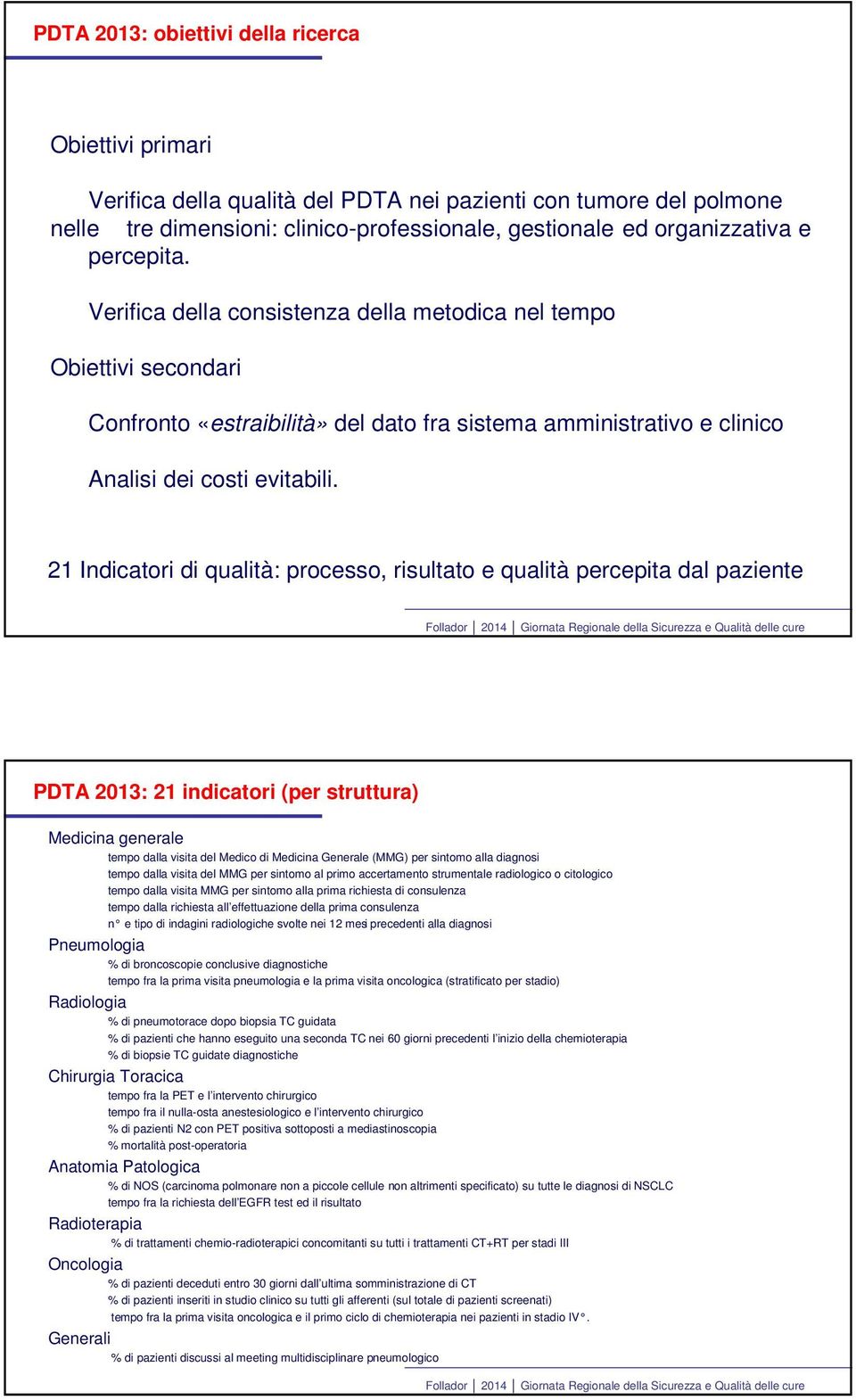 21 Indicatori di qualità: processo, risultato e qualità percepita dal paziente PDTA 2013: 21 indicatori (per struttura) Medicina generale tempo dalla visita del Medico di Medicina Generale (MMG) per