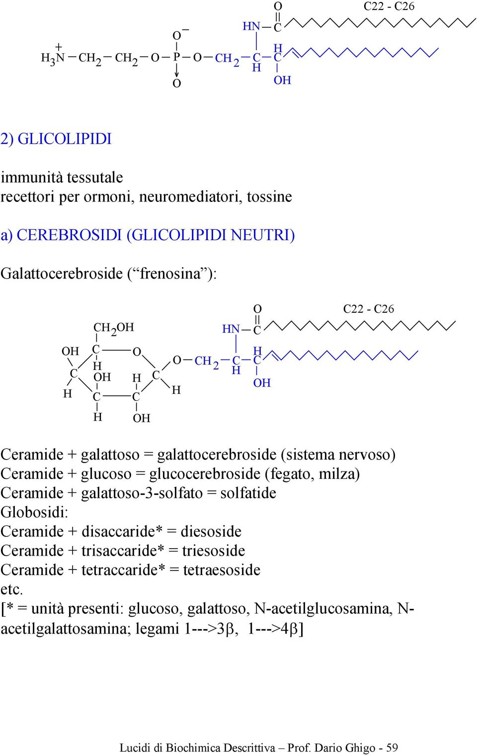 = solfatide Globosidi: eramide + disaccaride* = diesoside eramide + trisaccaride* = triesoside eramide + tetraccaride* = tetraesoside etc.