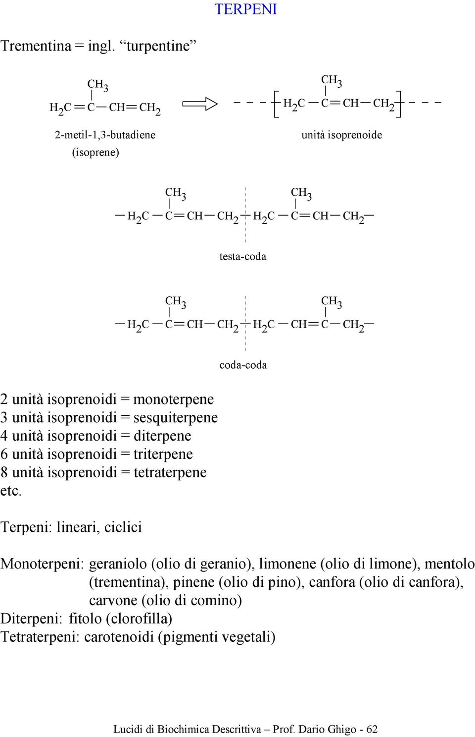 isoprenoidi = diterpene 6 unità isoprenoidi = triterpene 8 unità isoprenoidi = tetraterpene etc.