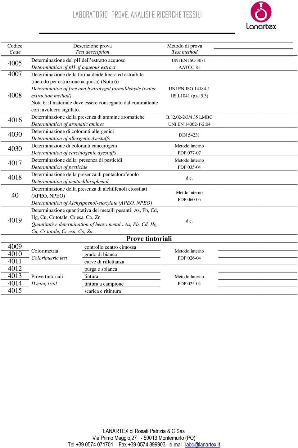 Determinazione della presenza di ammine aromatiche 4016 Determination of aromatic amines Determinazione di coloranti allergenici 4030 Determination of allergenic dyestuffs Determinazione di coloranti