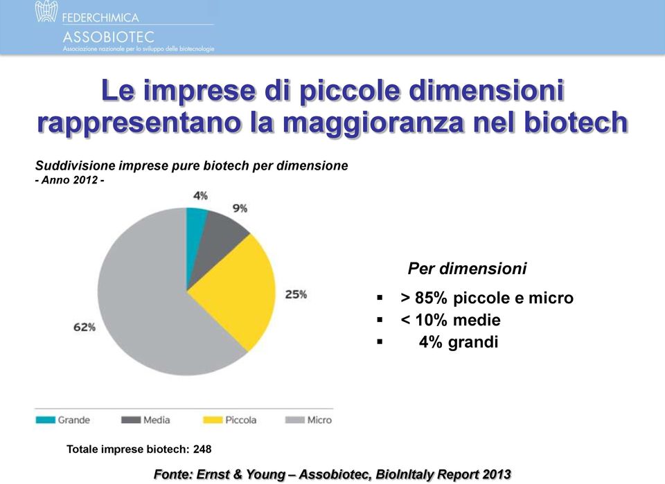 - Per dimensioni > 85% piccole e micro < 10% medie 4% grandi Totale