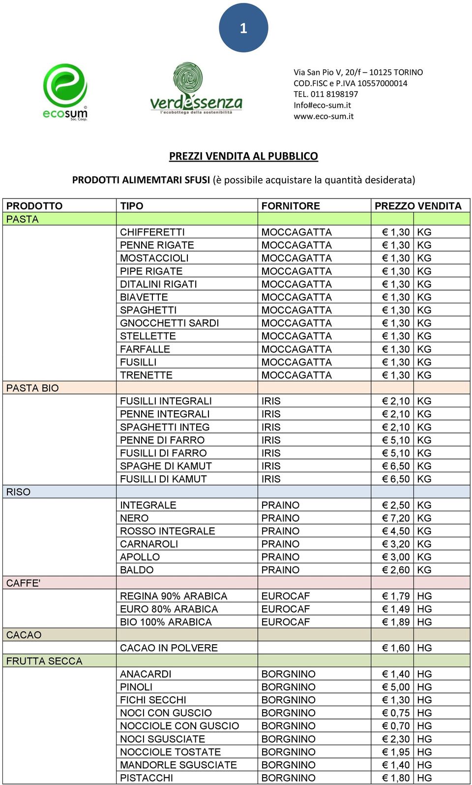 it PREZZI VENDITA AL PUBBLICO PRODOTTI ALIMEMTARI SFUSI (è possibile acquistare la quantità desiderata) PASTA CHIFFERETTI MOCCAGATTA 1,30 KG PENNE RIGATE MOCCAGATTA 1,30 KG MOSTACCIOLI MOCCAGATTA