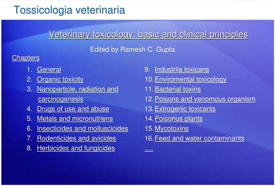 Insecticides and molluscicides 7. Rodenticides and avicides 8. Herbicides and fungicides 9. Industrila toxicans 10.