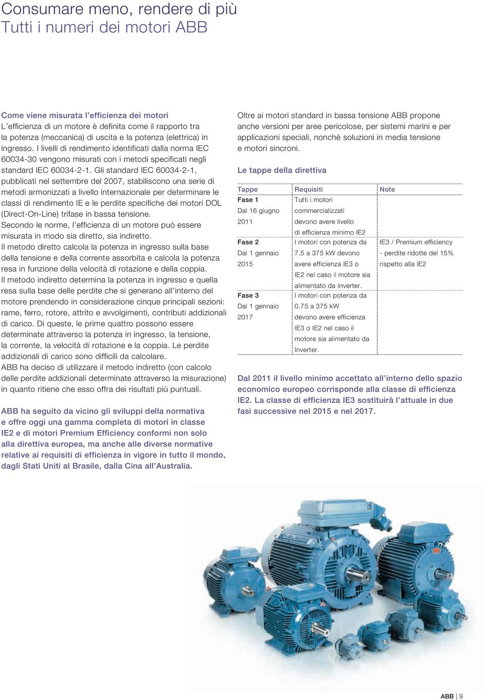 Gli standard IEC 60034-2-1, pubblicati nel settembre del 2007, stabiliscono una serie di metodi armonizzati a livello internazionale per determinare le classi di rendimento IE e le perdite specifiche