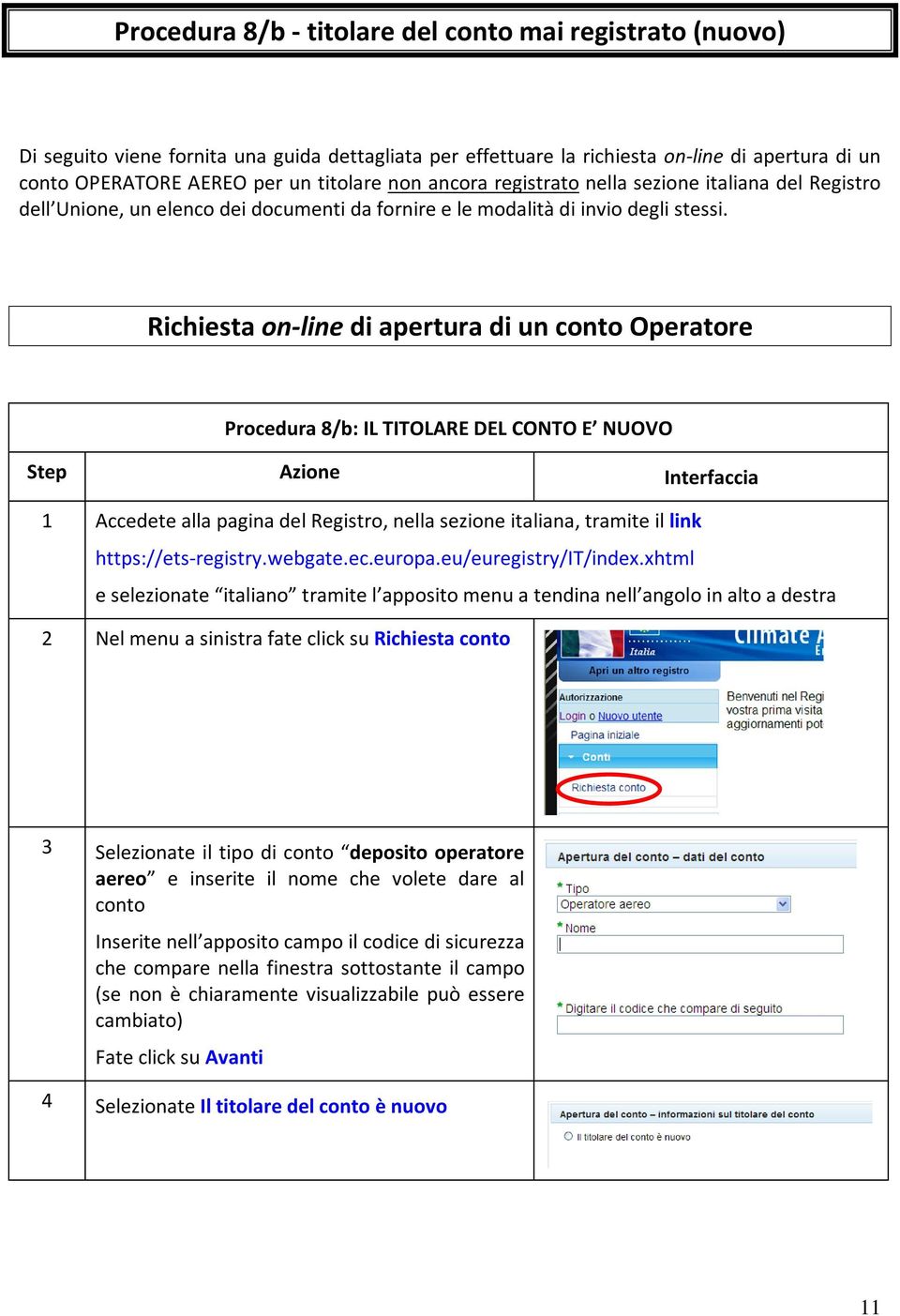 Richiesta on-line di apertura di un conto Operatore Procedura 8/b: IL TITOLARE DEL CONTO E NUOVO Step Azione Interfaccia 1 Accedete alla pagina del Registro, nella sezione italiana, tramite il link