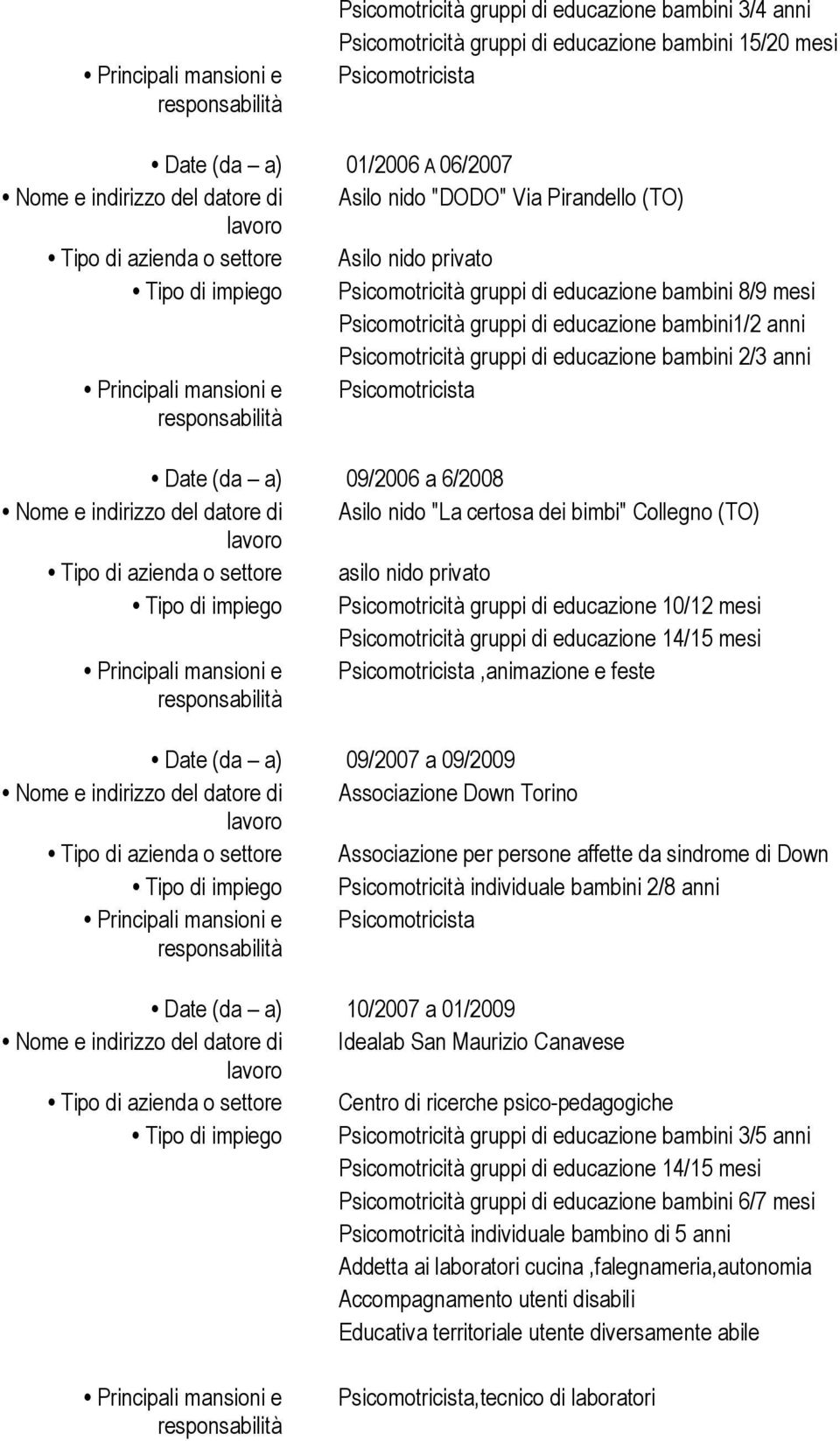 bambini1/2 anni Psicomotricità gruppi di educazione bambini 2/3 anni Principali mansioni e Psicomotricista Date (da a) 09/2006 a 6/2008 Nome e indirizzo del datore di Asilo nido "La certosa dei