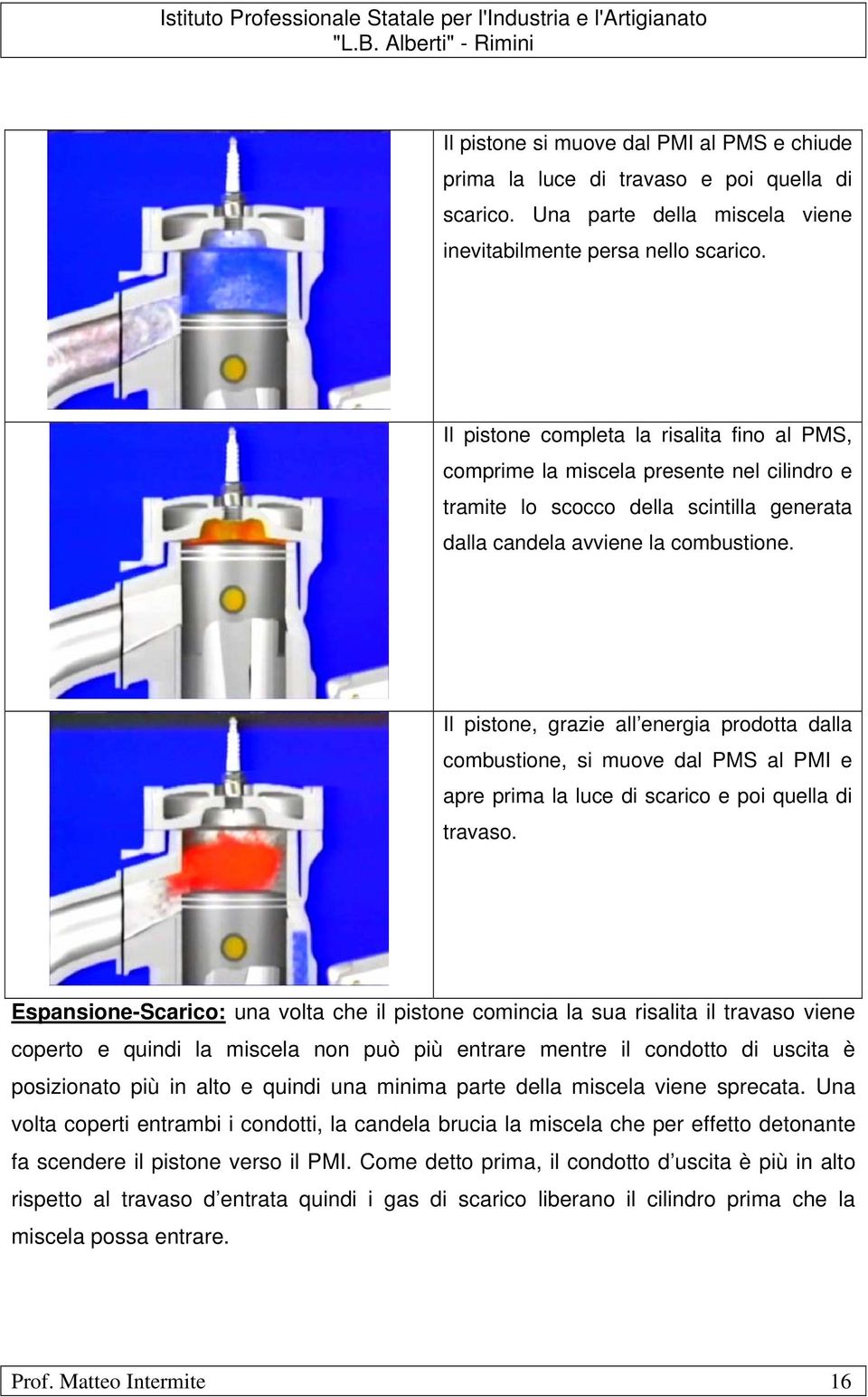 Il pistone, grazie all energia prodotta dalla combustione, si muove dal PMS al PMI e apre prima la luce di scarico e poi quella di travaso.