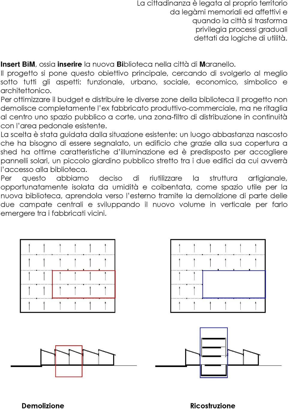 Il progetto si pone questo obiettivo principale, cercando di svolgerlo al meglio sotto tutti gli aspetti: funzionale, urbano, sociale, economico, simbolico e architettonico.