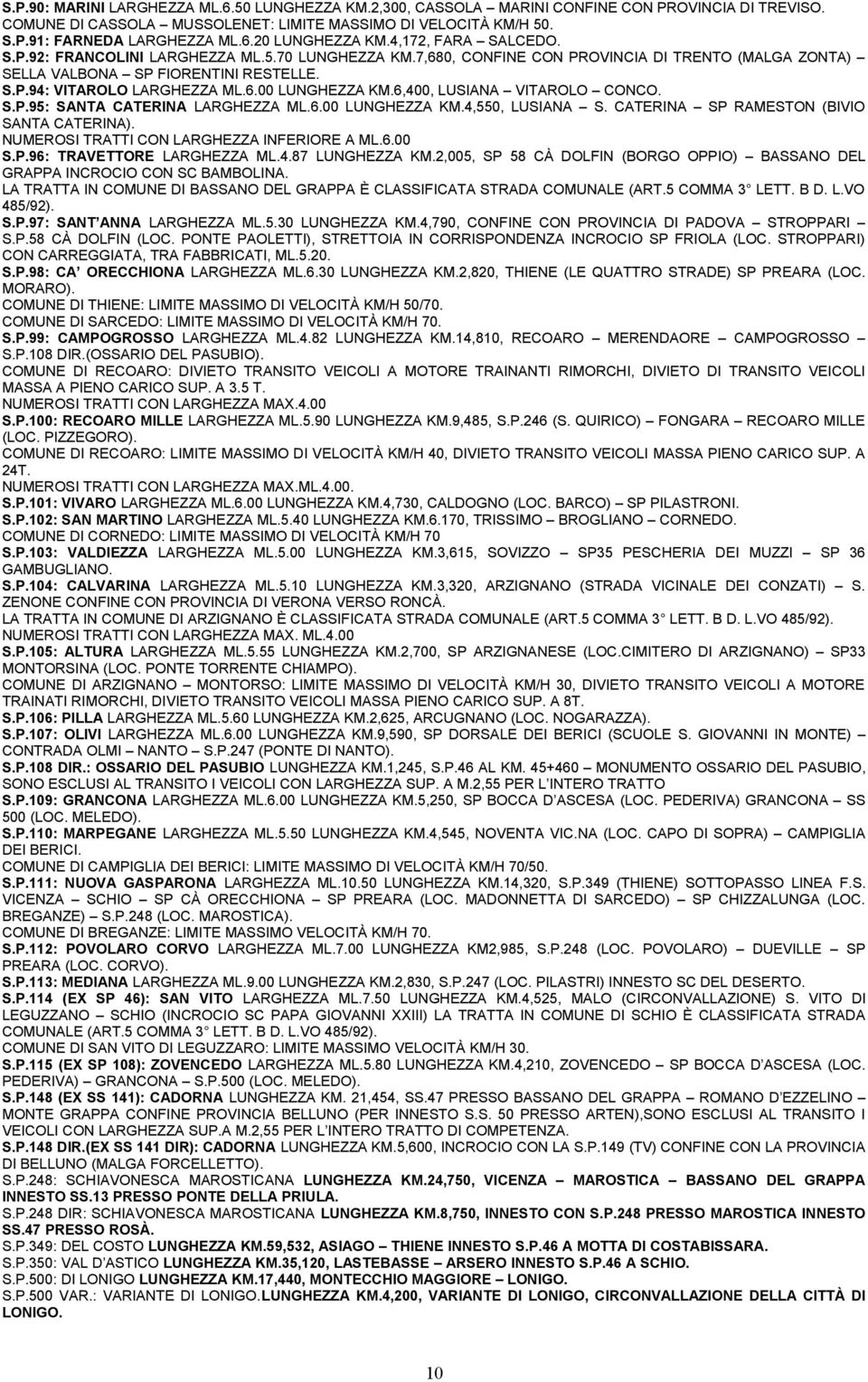 6,400, LUSIANA VITAROLO CONCO. S.P.95: SANTA CATERINA LARGHEZZA ML.6.00 LUNGHEZZA KM.4,550, LUSIANA S. CATERINA SP RAMESTON (BIVIO SANTA CATERINA). NUMEROSI TRATTI CON LARGHEZZA INFERIORE A ML.6.00 S.