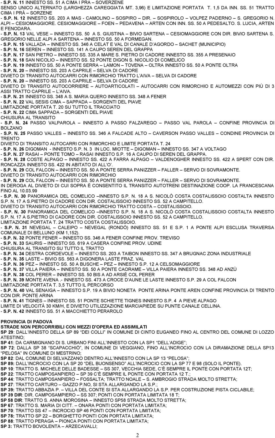 50 A S. GIUSTINA BIVIO SARTENA CESIOMAGGIORE CON DIR. BIVIO SARTENA S. GREGORIO NELLE ALPI A SARTENA INNESTO SS. 50 A FORMEGAN. - S.P. N. 15 VALLADA INNESTO SS.