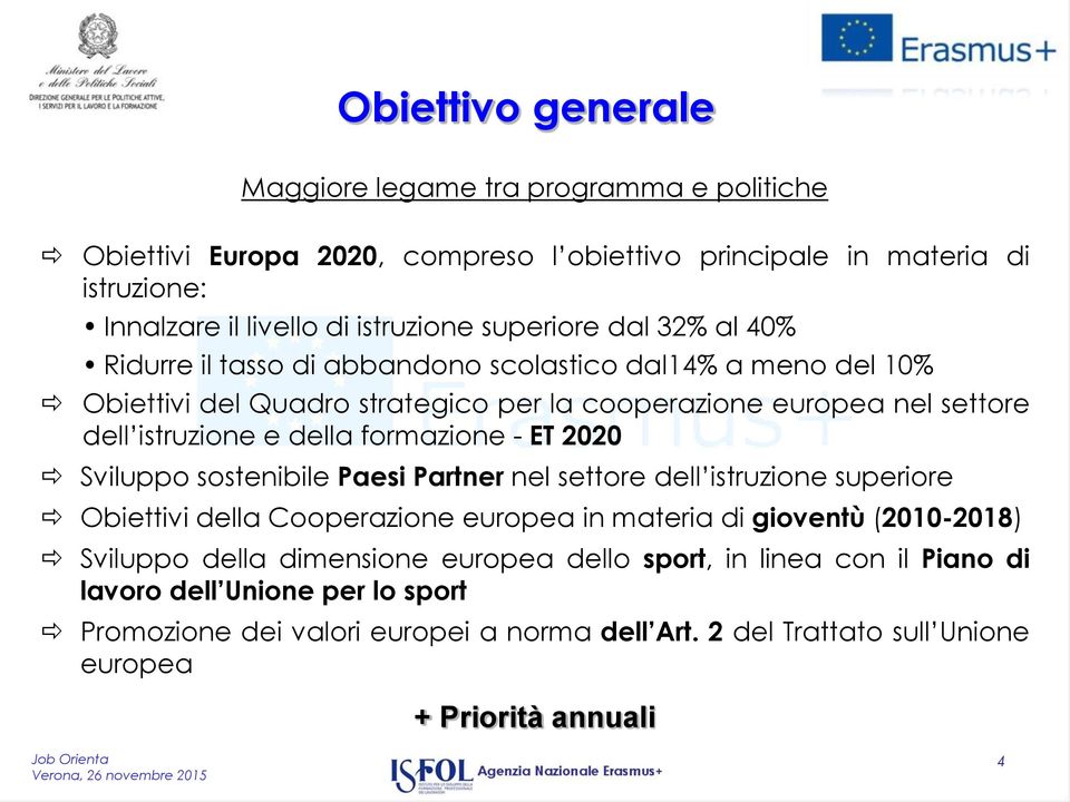 formazione - ET 2020 Sviluppo sostenibile Paesi Partner nel settore dell istruzione superiore Obiettivi della Cooperazione europea in materia di gioventù (2010-2018) Sviluppo della