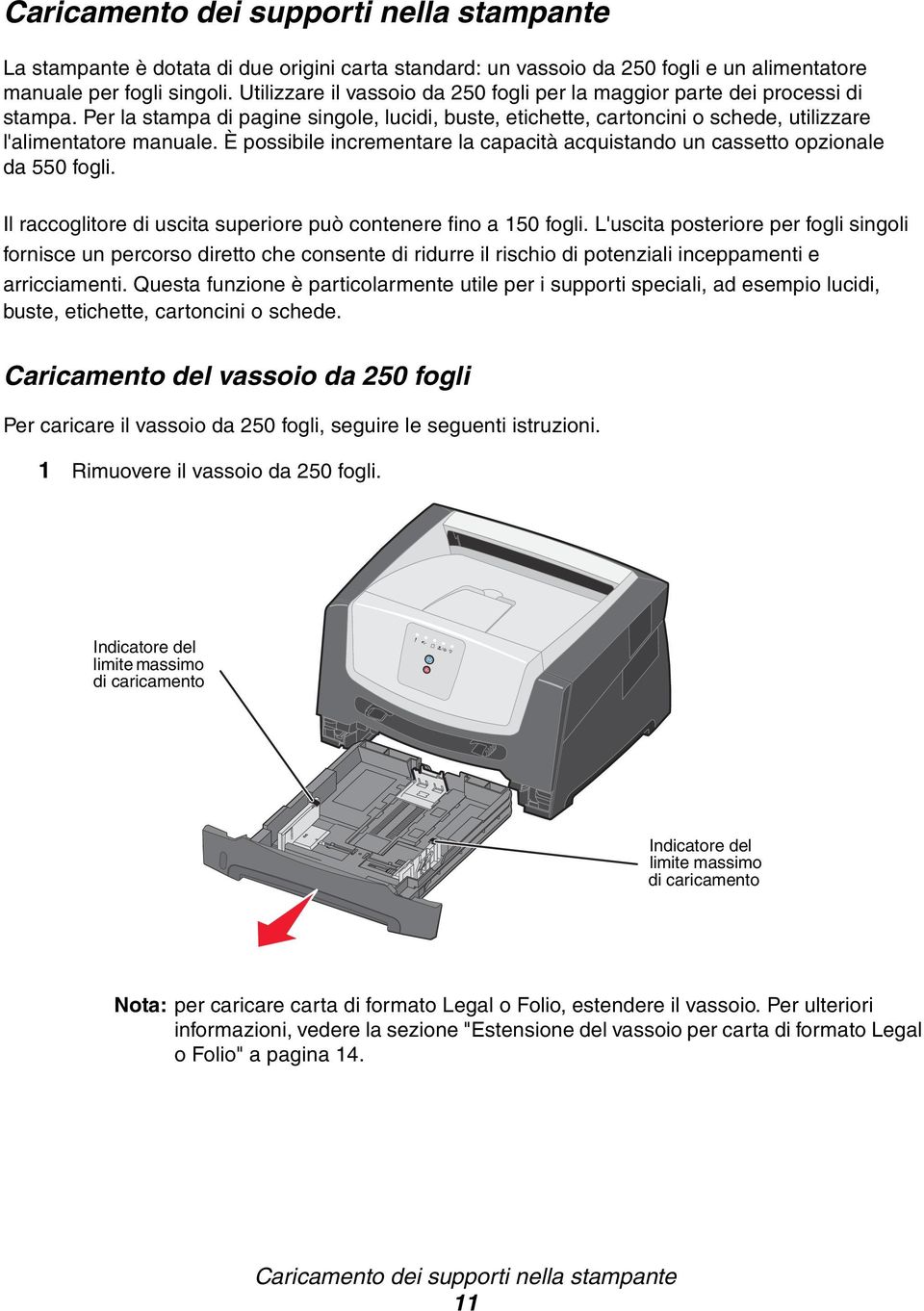 È possibile incrementare la capacità acquistando un cassetto opzionale da 550 fogli. Il raccoglitore di uscita superiore può contenere fino a 150 fogli.