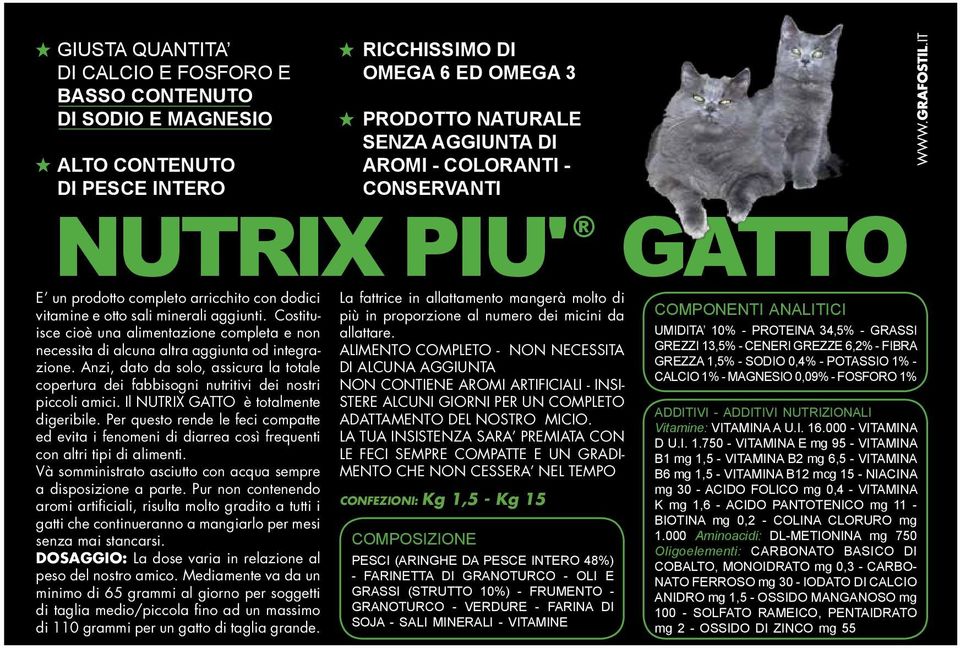 Costituisce cioè una alimentazione completa e non allattare. UMIDITA 10% - PROTEINA 34,5% - GRASSI più in proporzione al numero dei micini da necessita di alcuna altra aggiunta od integrazione.