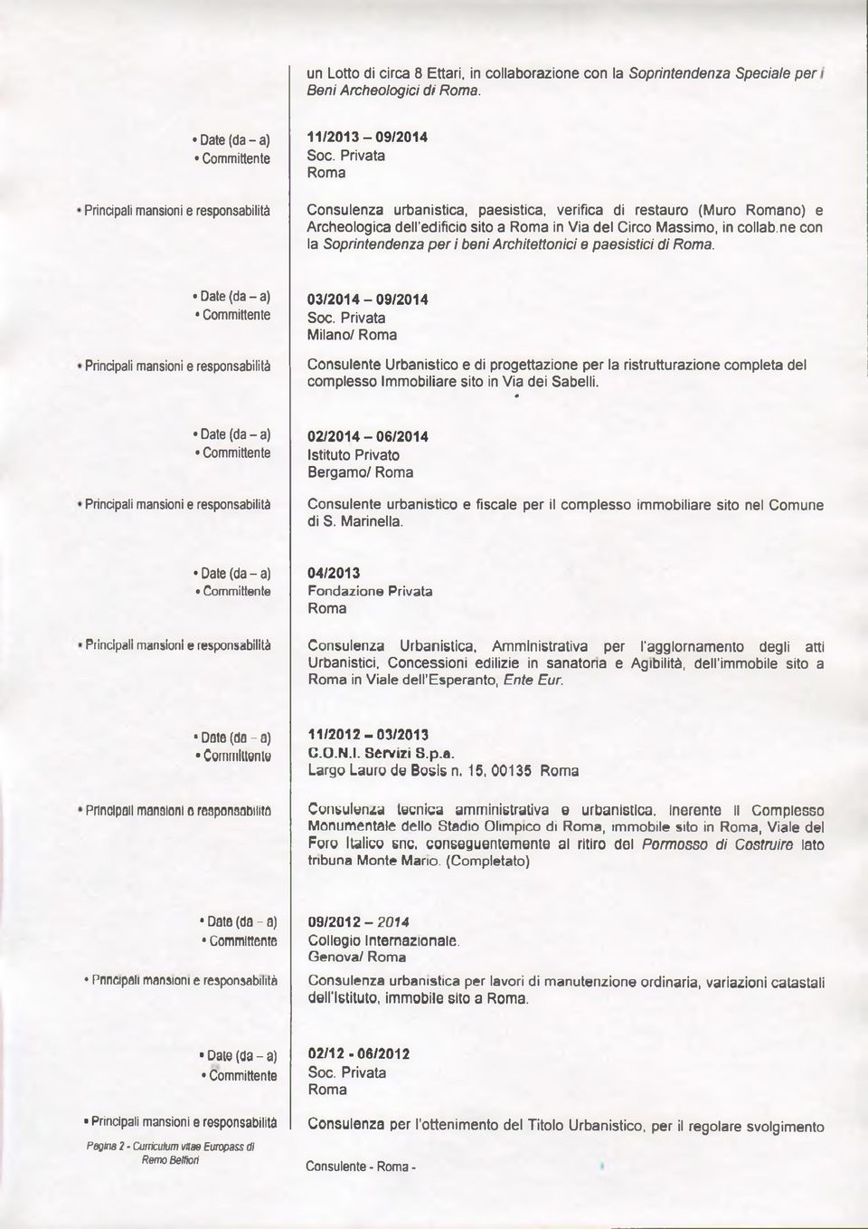 in co lla b.n e con la Soprintendenza per i beni Architettonici e paesistici di Roma. Principali mansioni e responsabilità 0 3 /2 0 1 4-0 9 /2 0 1 4 Soc.