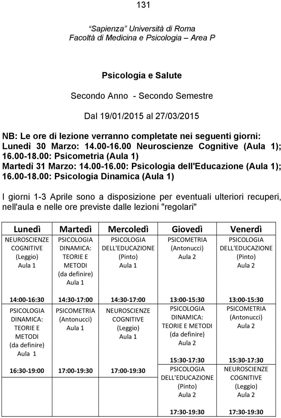 00: Psicometria () Martedâ 31 Marzo: 14.00-16.00: Psicologia dell'educazione (); 16.00-18.