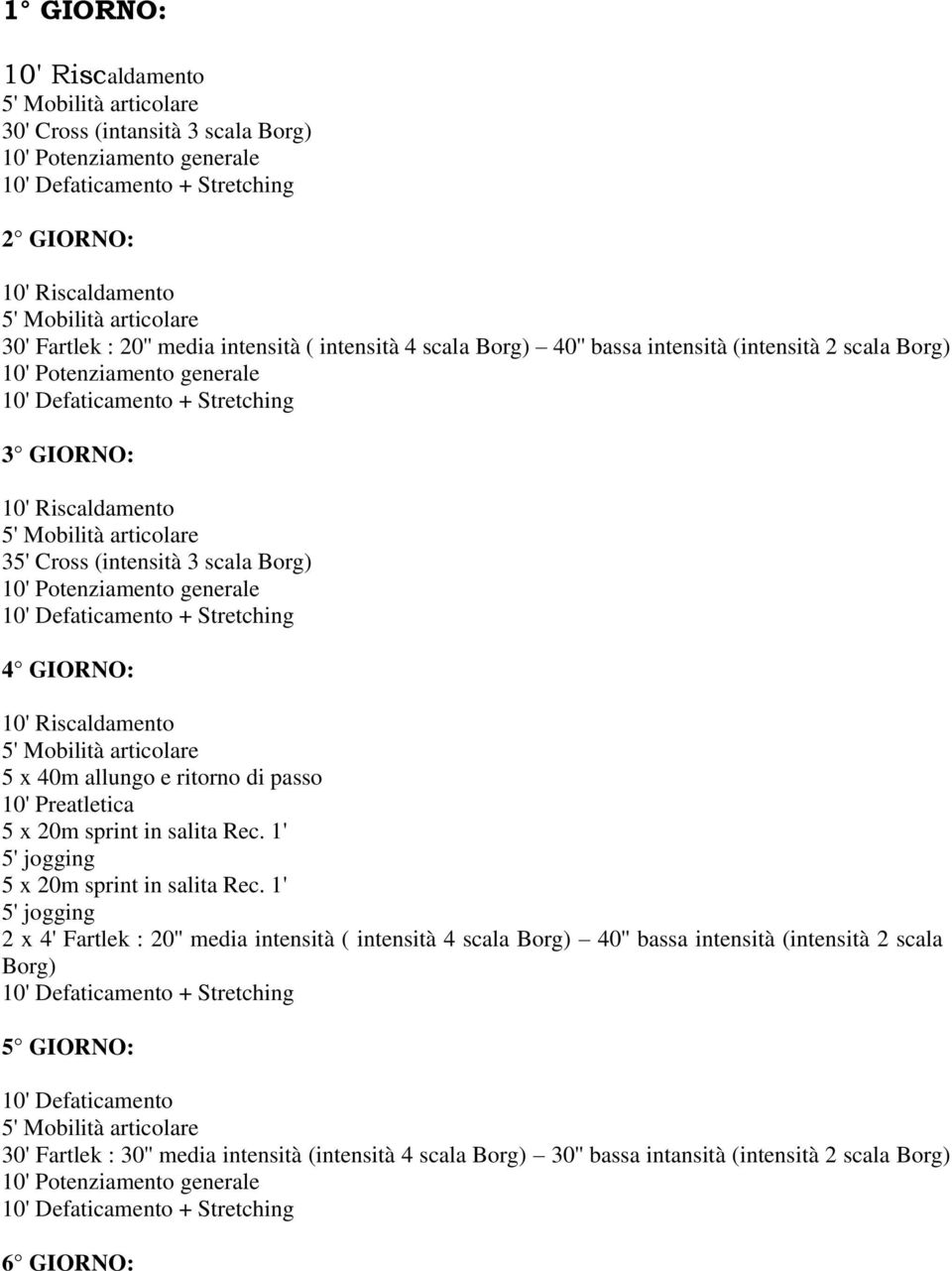 Preatletica 2 x 4' Fartlek : 20'' media intensità ( intensità 4 scala Borg) 40'' bassa intensità (intensità 2 scala Borg) 5