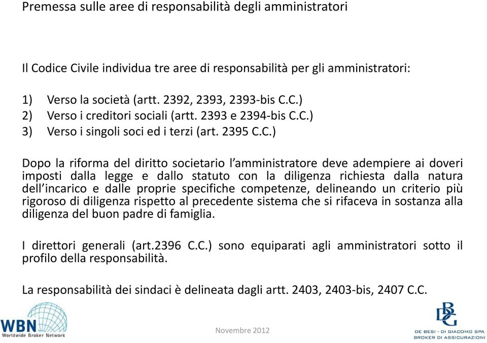 C.) 3) Verso i singoli soci ed i terzi (art. 2395 C.C.) Dopo la riforma del diritto societario l amministratore deve adempiere ai doveri imposti dalla legge e dallo statuto con la diligenza richiesta