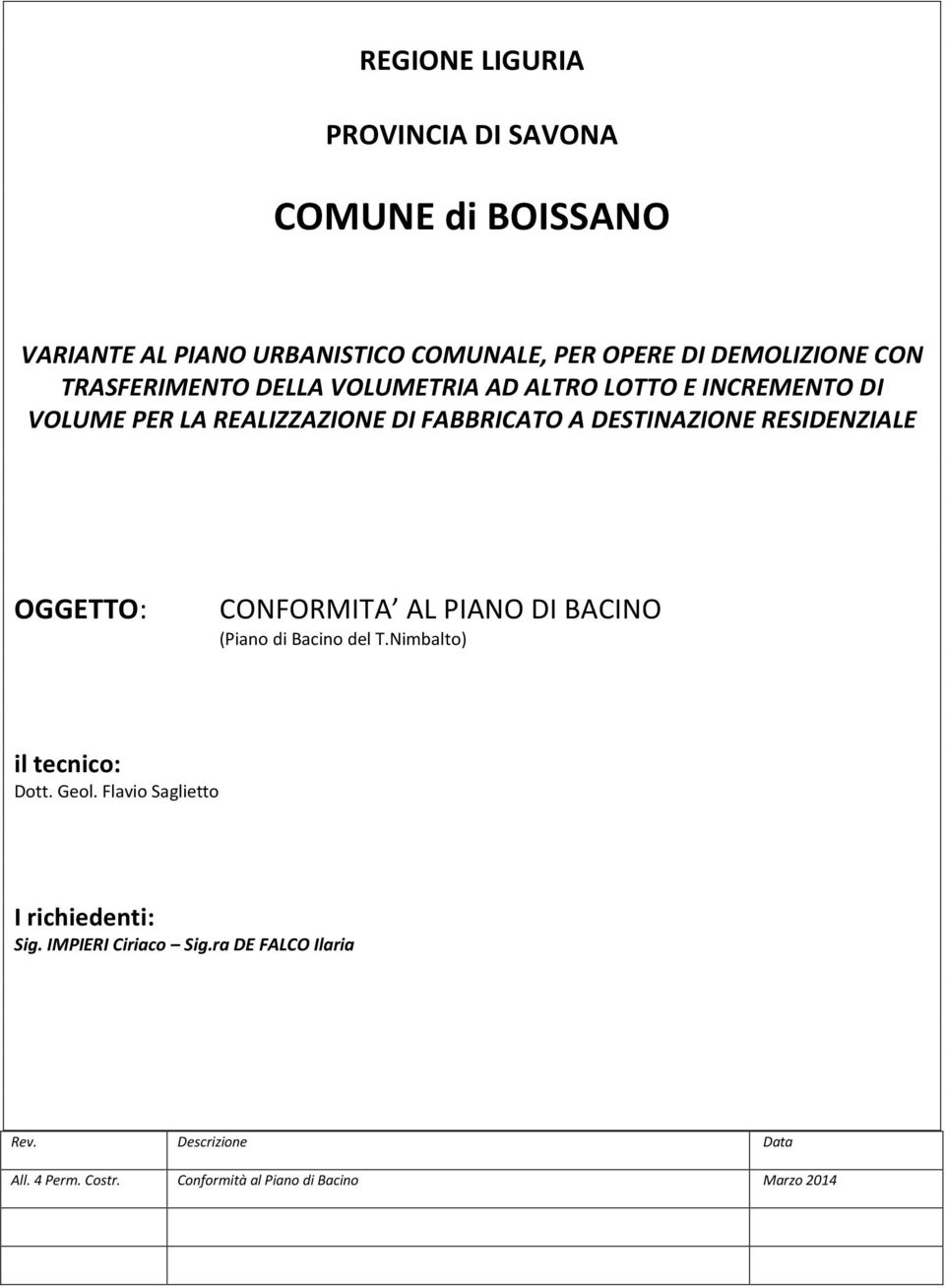 RESIDENZIALE OGGETTO: CONFORMITA AL PIANO DI BACINO (Piano di Bacino del T.Nimbalto) il tecnico: Dott. Geol.