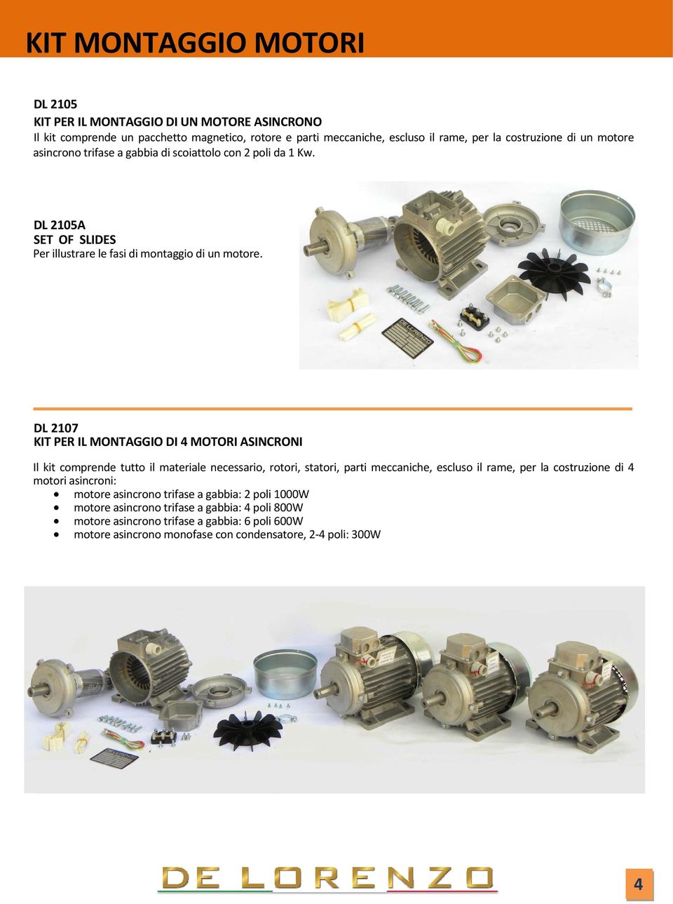 DL 2107 KIT PER IL MONTAGGIO DI 4 MOTORI ASINCRONI Il kit comprende tutto il materiale necessario, rotori, statori, parti meccaniche, escluso il rame, per la costruzione di 4