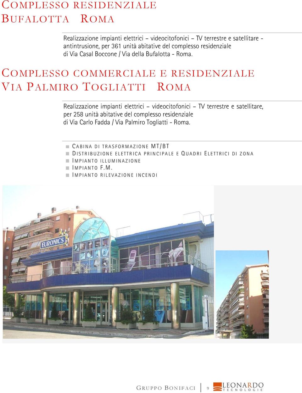 COMPLESSO COMMERCIALE E RESIDENZIALE VIA PALMIRO TOGLIATTI ROMA Realizzazione impianti elettrici videocitofonici TV terrestre e satellitare,