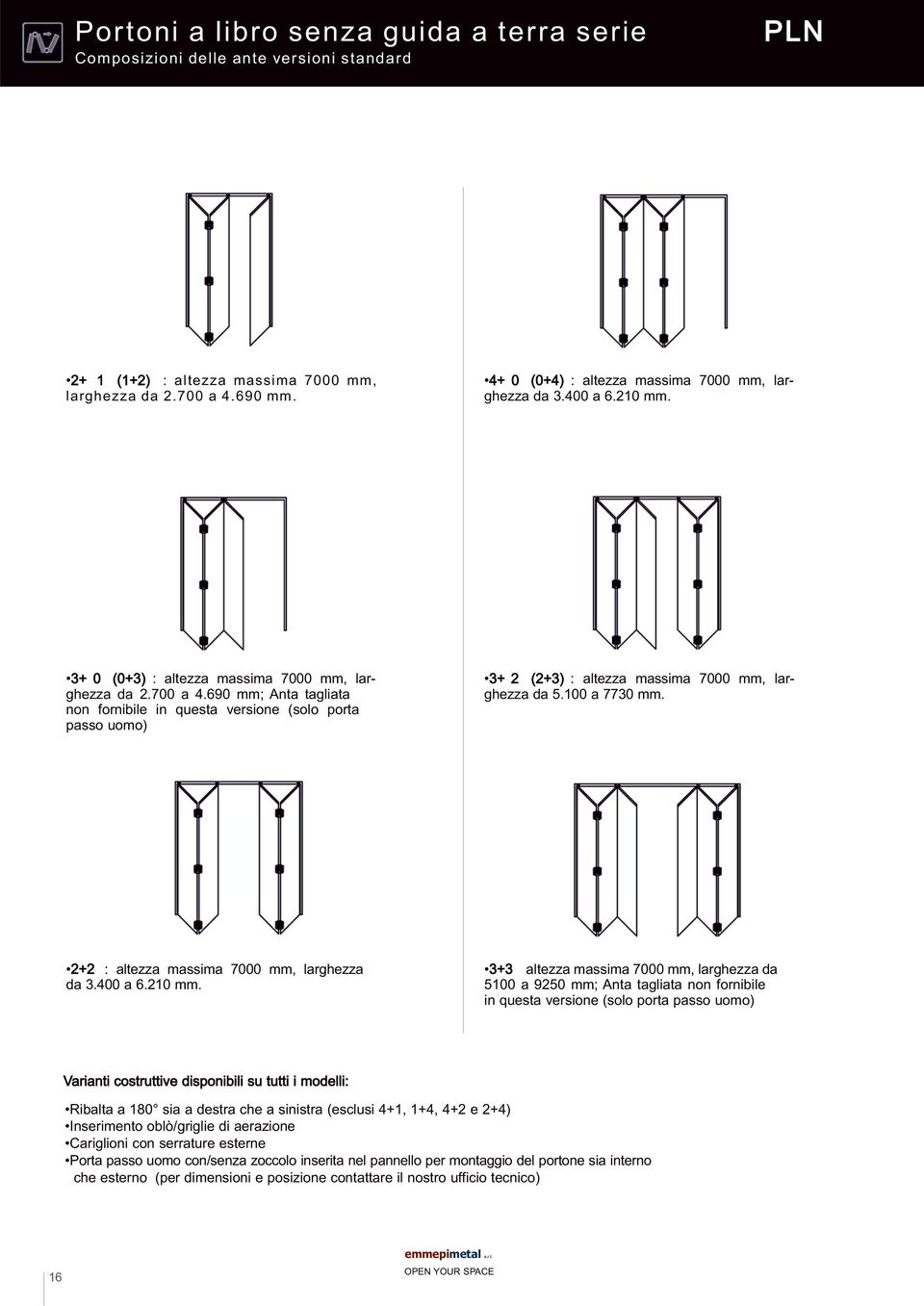 690 mm; Anta tagliata non fornibile in questa versione (solo porta passo uomo) 3+ 2 (2+3) : altezza massima 7000 mm, larghezza da 5.100 a 7730 mm. 2+2 : altezza massima 7000 mm, larghezza da 3.