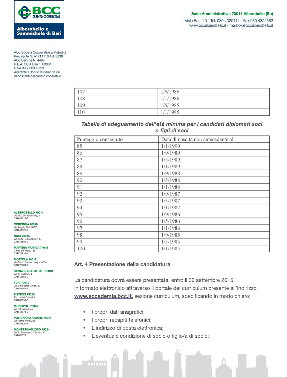 4 Presentazione della candidatura La candidatura dovrà essere presentata, entro il 30 settembre 2015, in formato elettronico attraverso il portale dei curriculum presente all indirizzo www.