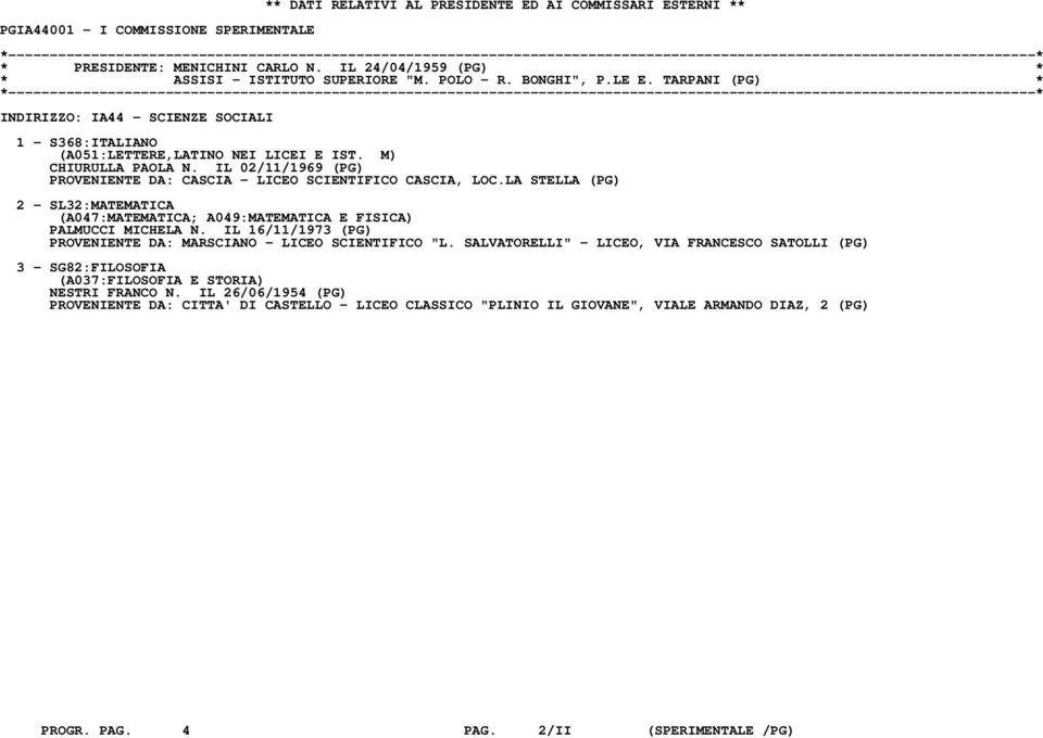 IL 02/11/1969 (PG) PROVENIENTE DA: CASCIA - LICEO SCIENTIFICO CASCIA, LOC.LA STELLA (PG) 2 - SL32:MATEMATICA (A047:MATEMATICA; A049:MATEMATICA E FISICA) PALMUCCI MICHELA N.