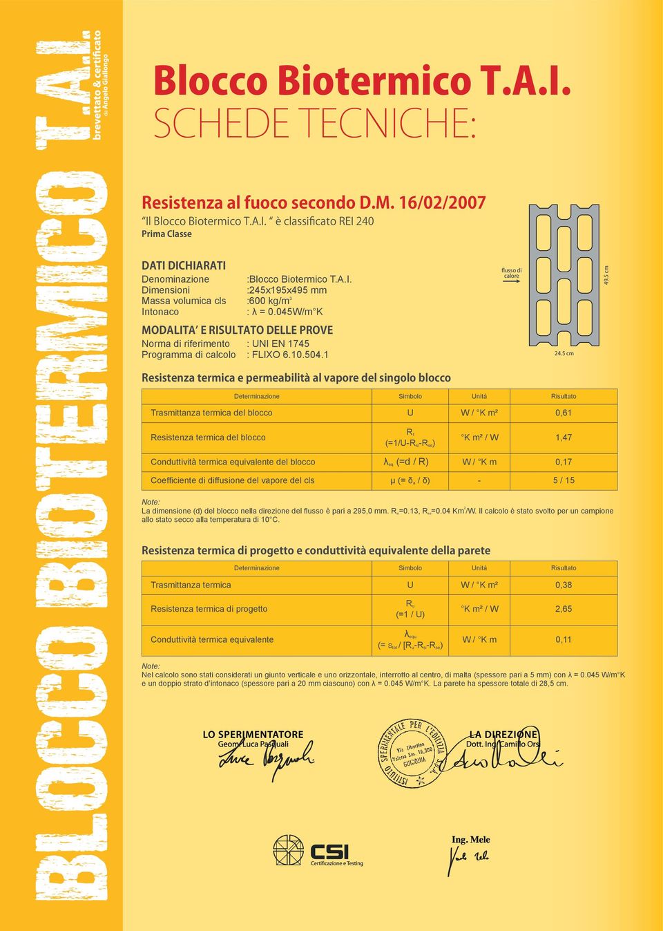 5 cm Resistenza termica e permeabilità al vapore del singolo blocco nità 0,61 Resistenza termica del blocco Rt (=1/-Rsi-Rse) 1,47 Conduttività termica equivalente del blocco λeq (=d / R) 0,17