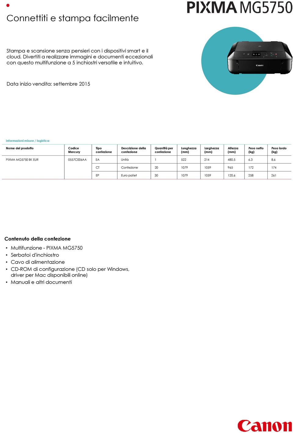 Data inizio vendita: settembre 2015 Informazioni misure / logistica: Nome del prodotto Codice Mercury Tipo Descrizione della Quantità per Lunghezza Larghezza Altezza Peso netto (kg) Peso