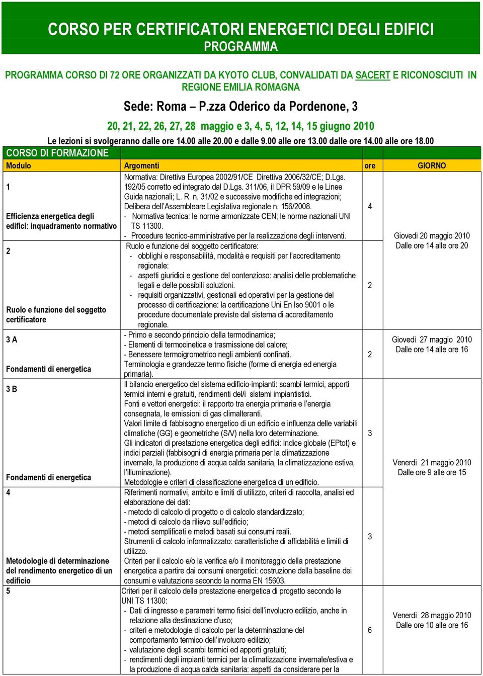 00 CORSO DI FORMAZIONE Modulo Argomenti ore GIORNO 1 Efficienza energetica degli edifici: inquadramento normativo Normativa: Direttiva Europea 00/91/CE Direttiva 00/3/CE; D.Lgs.