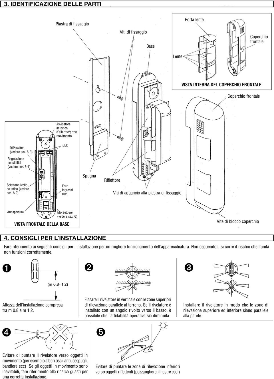 8-2) Foro ingressi cavi Spugna Riflettore Viti di aggancio alla piastra di fissaggio Antiapertura Morsettiere (vedere sez. 6) VISTA FRONTALE DELLA BASE Vite di blocco coperchio 4.