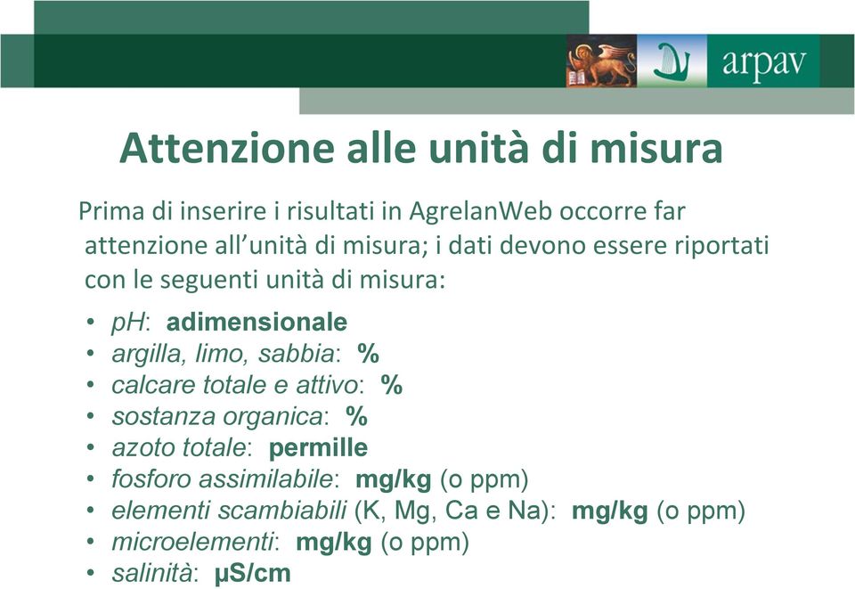 limo, sabbia: % calcare totale e attivo: % sostanza organica: % azoto totale: permille fosforo