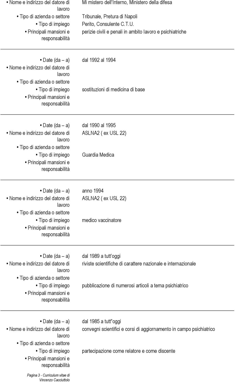 di ASLNA2 ( ex USL 22) Guardia Medica Date (da a) anno 1994 Nome e indirizzo del datore di ASLNA2 ( ex USL 22) medico vaccinatore Date (da a) Nome e indirizzo del datore di dal 1989 a tutt oggi