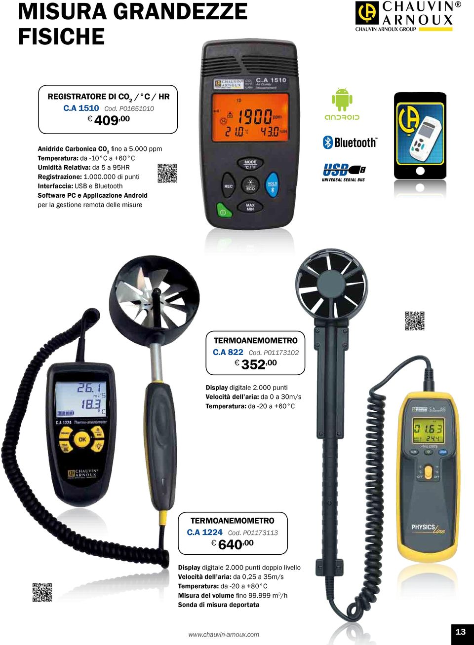 A 822 Cod. P01173102 352, 00 Display digitale 2.000 punti Velocità dell aria: da 0 a 30m/s Temperatura: da -20 a +60 C TERMOANEMOMETRO C.A 1224 Cod.