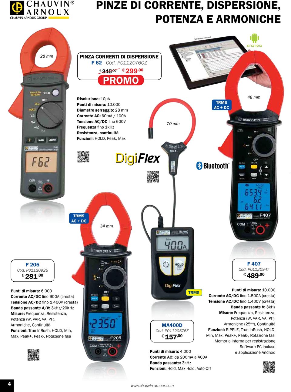 Cod. P01120925 281,00 F 407 Cod. P01120947 489,00 Punti di misura: 6.000 Corrente AC/DC fino 900A (cresta) Tensione AC/DC fino 1.