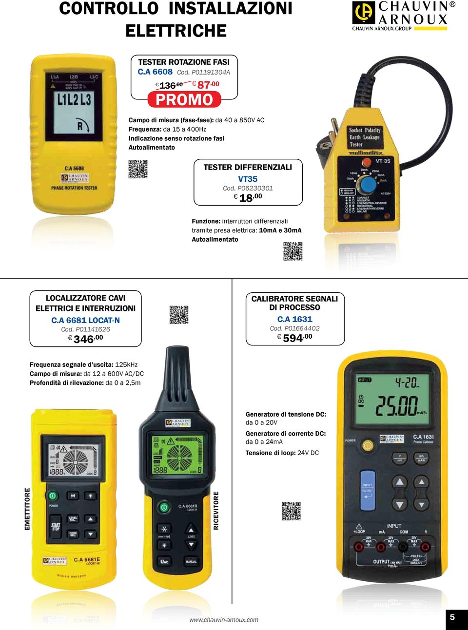 P06230301 18,00 Funzione: interruttori differenziali tramite presa elettrica: 10mA e 30mA Autoalimentato LOCALIZZATORE CAVI ELETTRICI E INTERRUZIONI C.A 6681 LOCAT-N Cod.