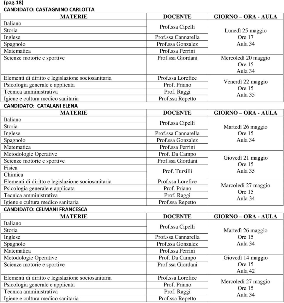 Da Campo Fisica Marcoledì 27 maggio CANDIDATO: CELMANI FRANCESCA Martedì 26