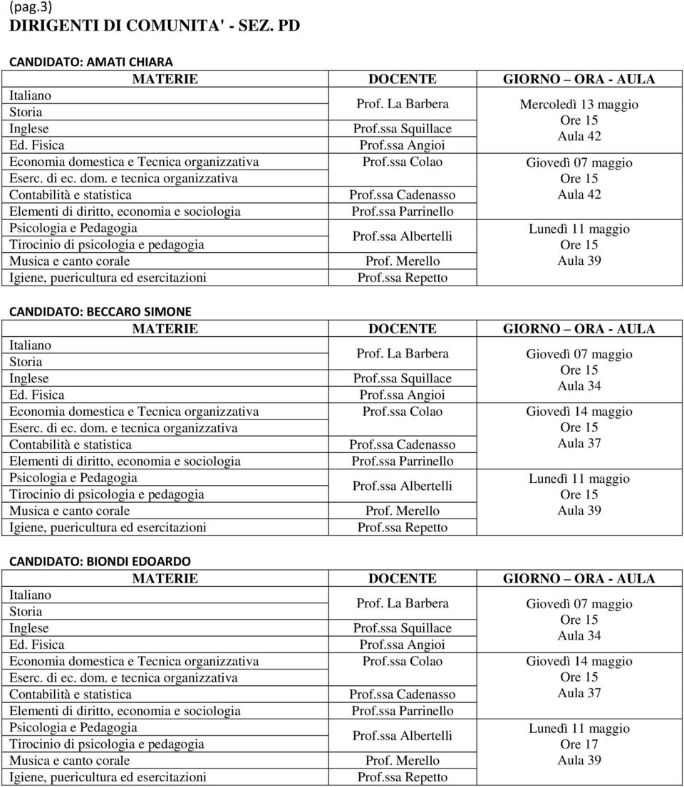 ssa Colao Giovedì 07 maggio Lunedì 11 maggio CANDIDATO: BECCARO SIMONE Giovedì 07 maggio Economia domestica e