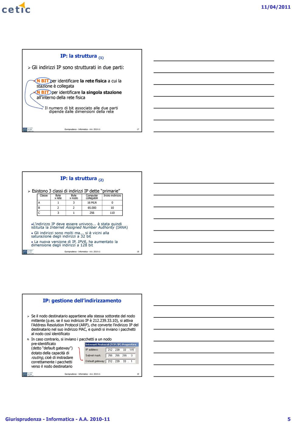 A. 2010-11 17 IP: la struttura (2) Esistono 3 classi di indirizzi IP dette primarie Classe Byte x rete Byte x nodo Computer collegabili Inizio indirizzo A 1 3 16 MLN 0 B 2 2 65.
