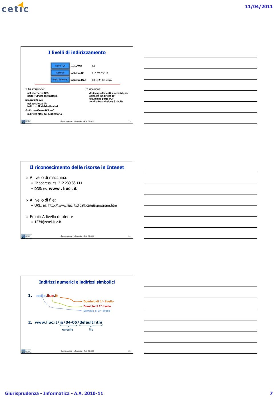 ARP nel: indirizzo MAC del destinatario In ricezione: de-incapsulamenti successivi, per ottenere l indirizzo IP e quindi la porta TCP a cui la trasmissione è rivolta Giurisprudenza - Informatica - A.