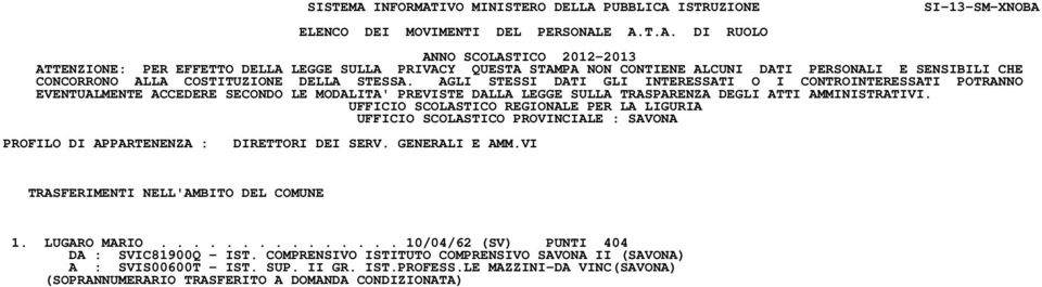 UFFICIO SCOLASTICO REGIONALE PER LA LIGURIA UFFICIO SCOLASTICO PROVINCIALE : SAVONA PROFILO DI APPARTENENZA : DIRETTORI DEI SERV. GENERALI E AMM.VI TRASFERIMENTI NELL'AMBITO DEL COMUNE 1.