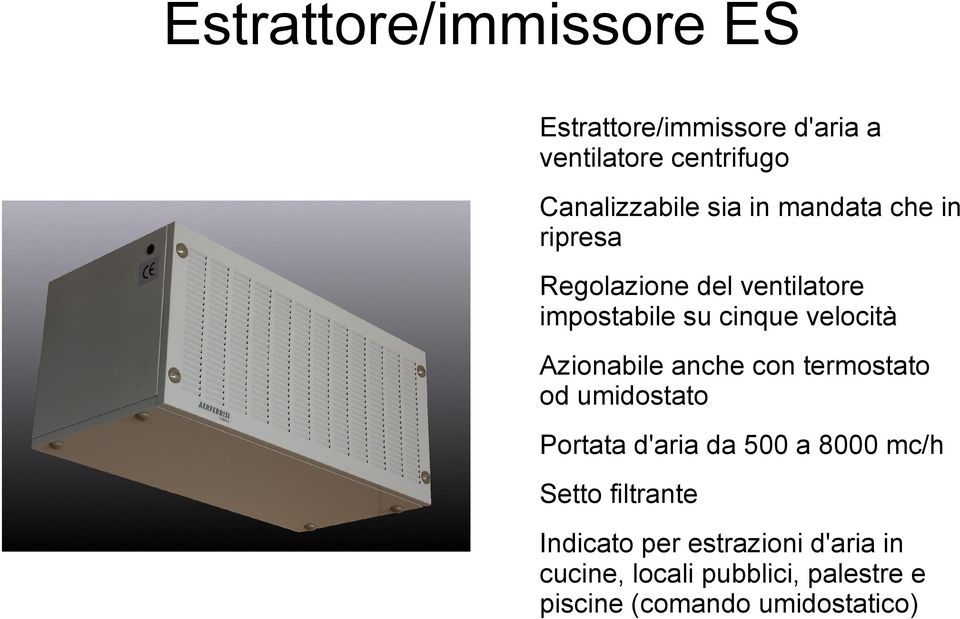 Azionabile anche con termostato od umidostato Portata d'aria da 500 a 8000 mc/h Setto