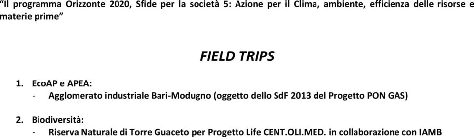 EcoAP e APEA: - Agglomerato industriale Bari-Modugno (oggetto dello SdF 2013 del